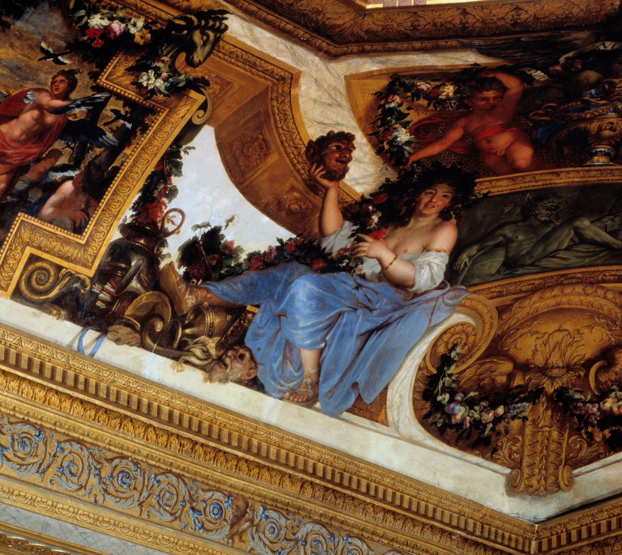 Thalie, a múzsák egyike, a vígjátékok és a pásztorköltészet védnöke Charles Lebrun (Le Brun) Salon des Muses festményeinek részlete (1619-1690) 17. századi Chateau de Vaux Le Visomte (Vaux-Le-Vicomte), Szajna et Marne. alkotó: Charles Le Brun