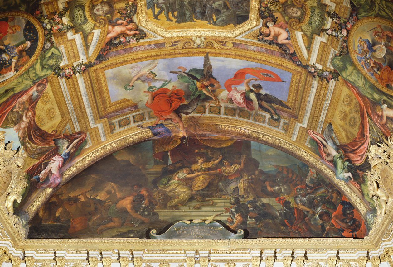 Németország és Spanyolország szövetsége Hollandiával, 1672, Mennyezeti festmény a Galerie des Glaces-ből alkotó: Charles Le Brun