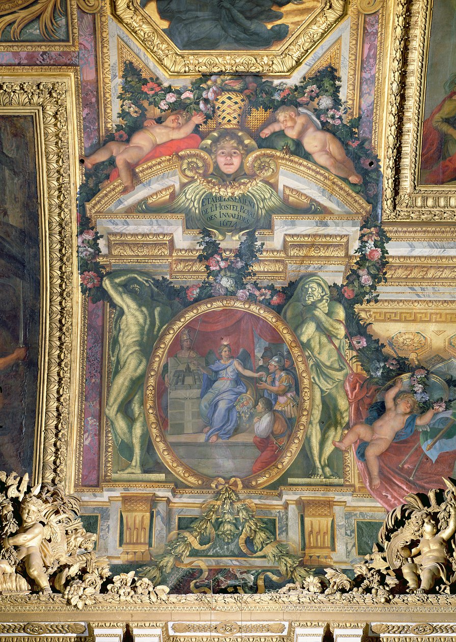 A Hotel Royal des Invalides alapítása 1674-ben, mennyezeti festmény a Galerie des Glaces-ből alkotó: Charles Le Brun