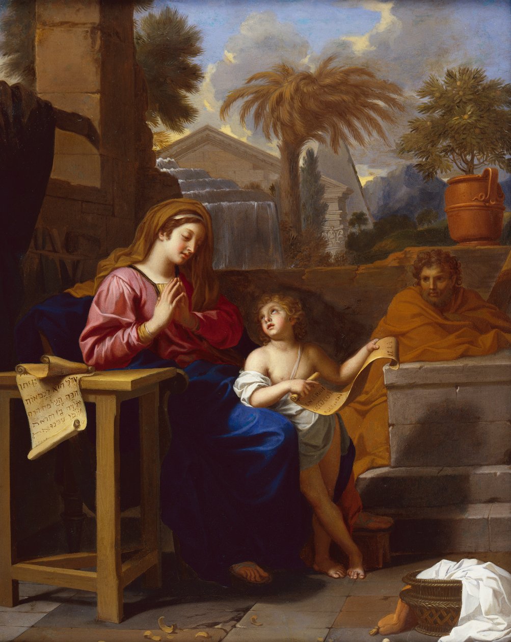 A Szent Család Egyiptomban a kisgyermek Krisztussal, aki héber írást olvas (olaj, vászon) alkotó: Charles Le Brun