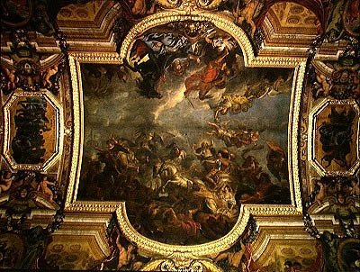 A király 1673-ban tizenhárom nap alatt elfoglalja Maastrichtot és a Rajnai átjárót az ellenségek jelenlétében 1672-ben, mennyezeti festmény a Galerie des Glaces-ből alkotó: Charles Le Brun