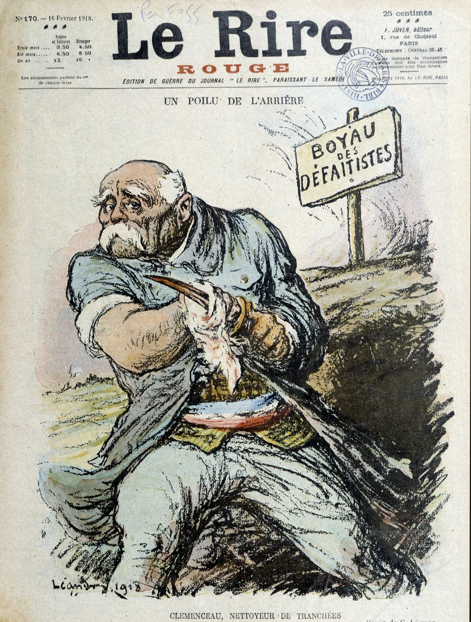 Szőrös hátul: Clemenceau, Ároktisztító. „A nevetés” címlap, 1918.02.16 alkotó: Charles Leandre