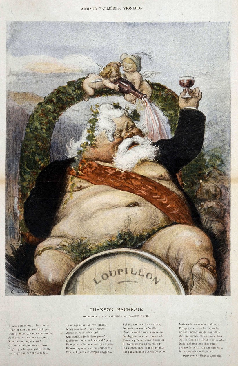 Armand Fallières, borász: Fallières en Bacchus (Bacco) karikatúrája – az 1906. októberi „le Laughter”-ben alkotó: Charles Leandre