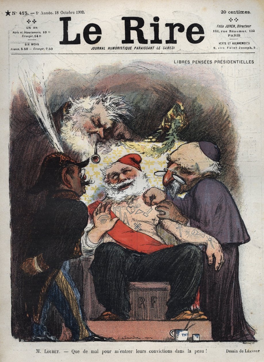 Emile Loubet - Ingyenes elnöki nyugdíj - Loubet úr - Nehéz a bőrömbe vésni a meggyőződésüket! - (Charles Leandre (1862-1934) kigúnyolja az államot, az egyházat és a hadsereget LOUBET elnök ágya mellett, makonikus és egyéb jelekkel borítva) caric alkotó: Charles Leandre