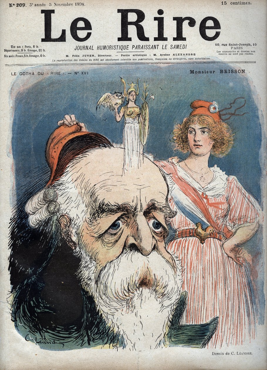 Eugene Henri Brisson (1835-1912), francia ügyvéd, újságíró és politikus – Marianne vörös sapkát emel Bresson fejéről, és úgy tűnik, hogy a fejéből felemelkedik Athéné istennő minden tulajdonságával – Charles Leandre (1862-1934) karikatúrája a „” című filmb alkotó: Charles Leandre
