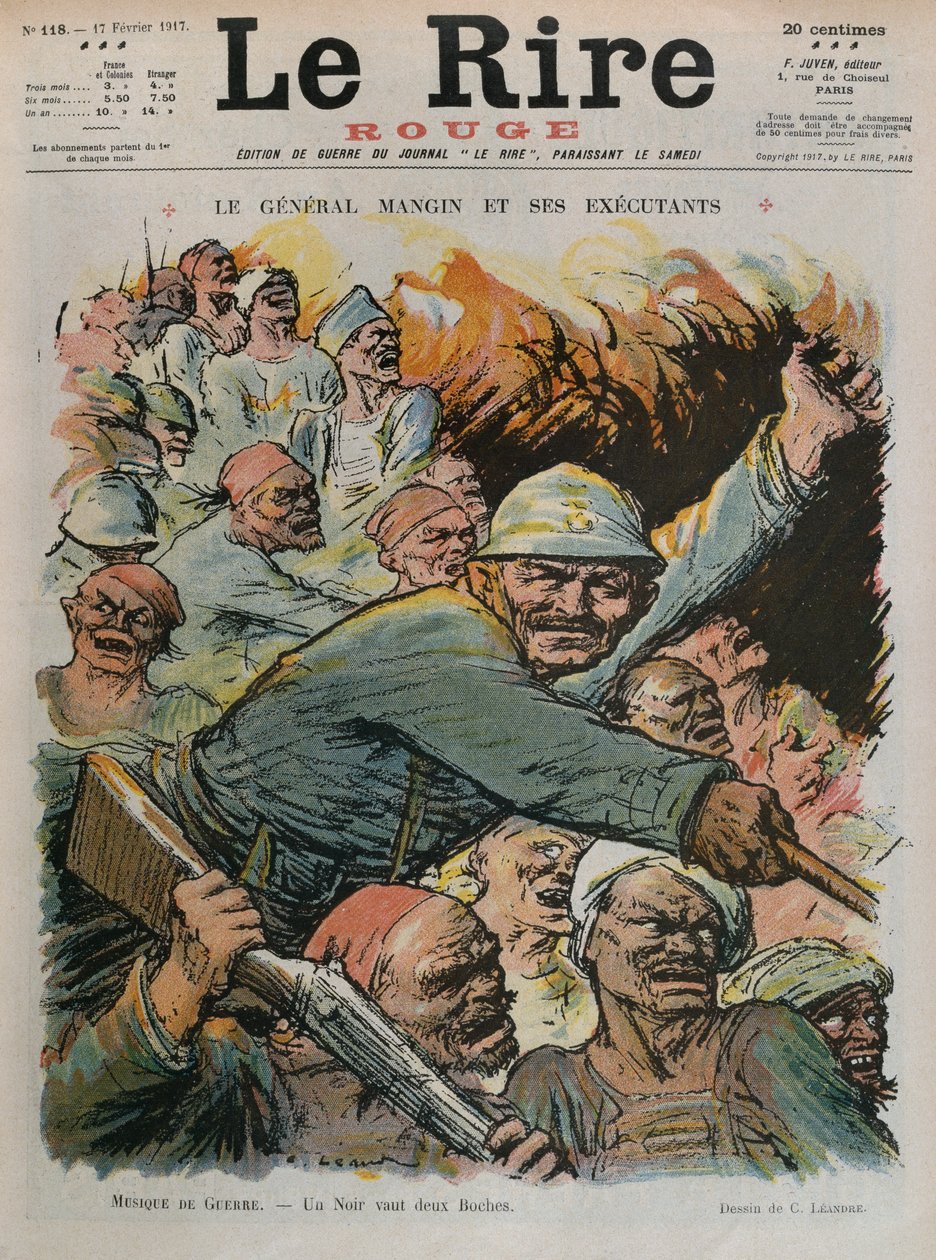 Charles Mangin tábornok és alárendeltjei, egy fekete olyan jó, mint két bochi, címlapillusztráció a "Le Rire Rouge" 1917. február 17-i számából. alkotó: Charles Leandre
