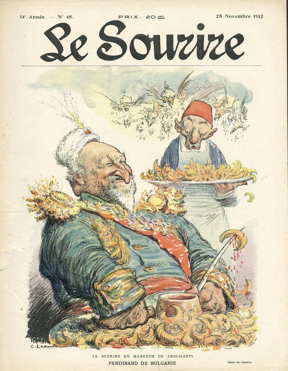 Illusztráció: Charles Leandre (1862-1934) a Le Smile borítójához, 48. szám, 12.11.28 - A croissant-evő mosolya - Törökország, Kelet, Balkán, Bulgária - Ferdinand de Bulgaria alkotó: Charles Leandre
