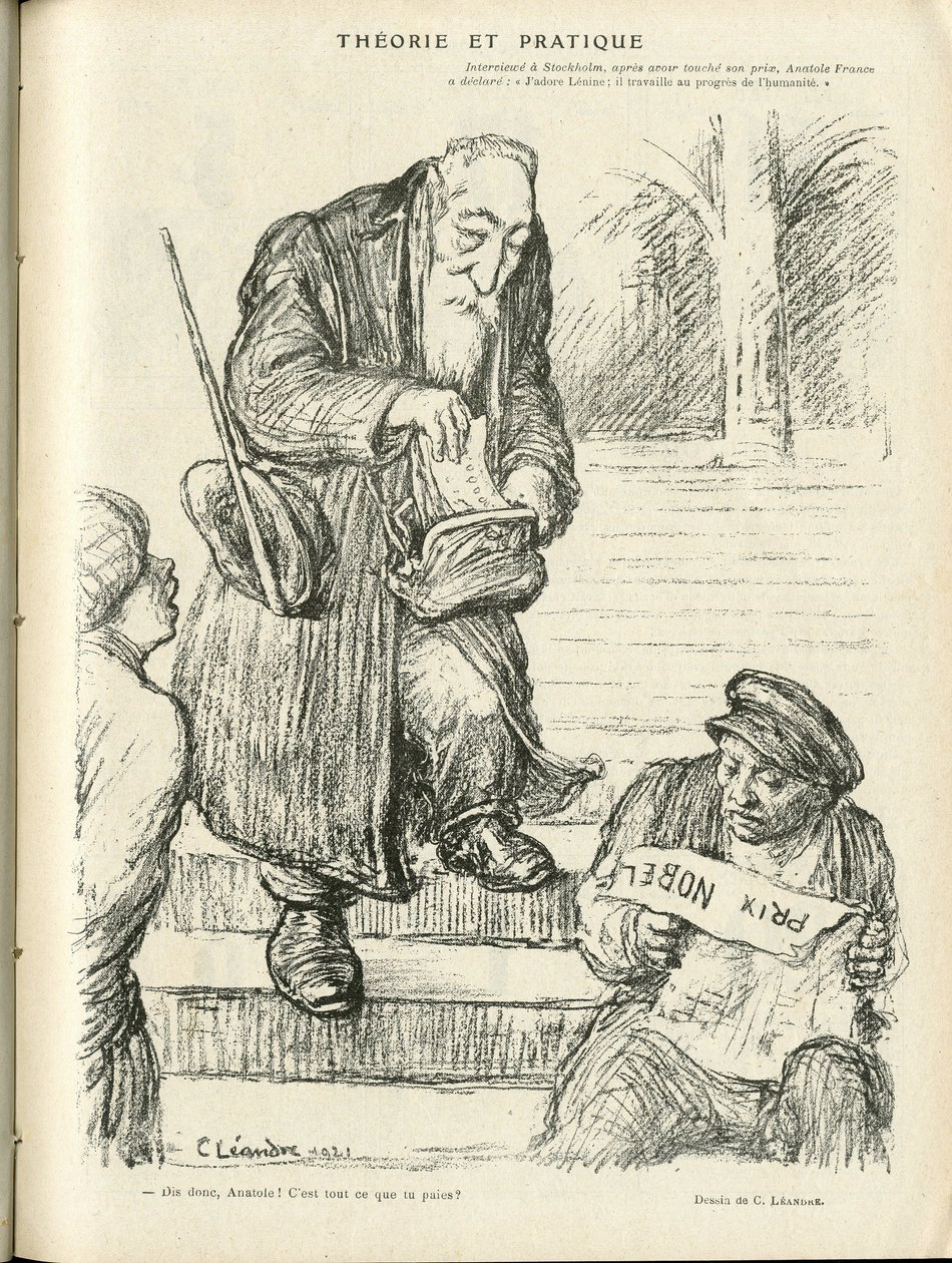 Illusztráció: Charles Leandre (1862-1934) a Le Rire-ben, 21.12.31 - Elmélet és gyakorlat - Nobel-díj - Lenine, Franciaország Anatole alkotó: Charles Leandre