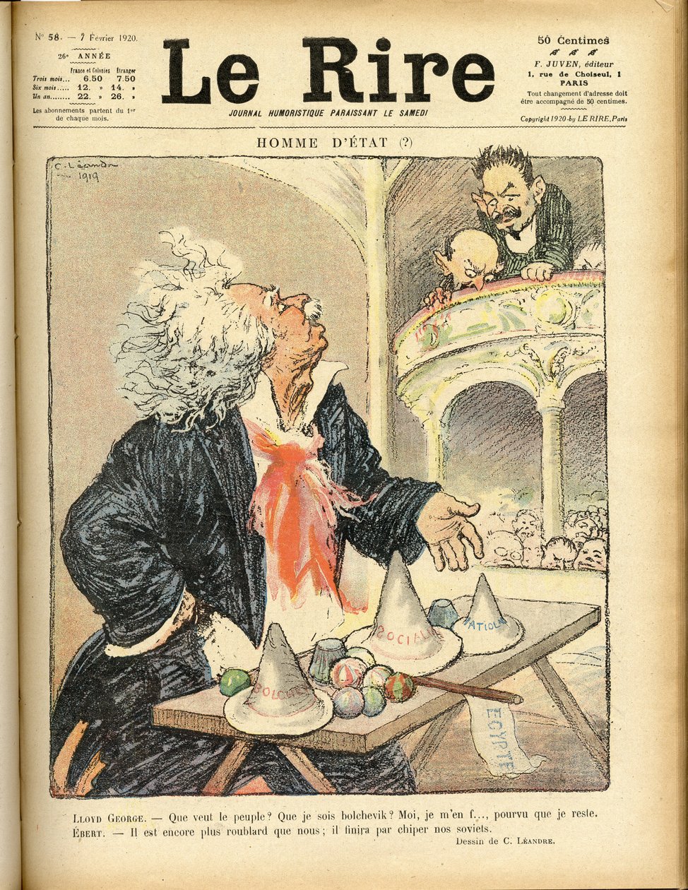 Illusztráció a Le Rire borítójához, 1920.02.07. - államférfi - David Lloyd George és Ebert Friedrich (1871-1925) alkotó: Charles Leandre
