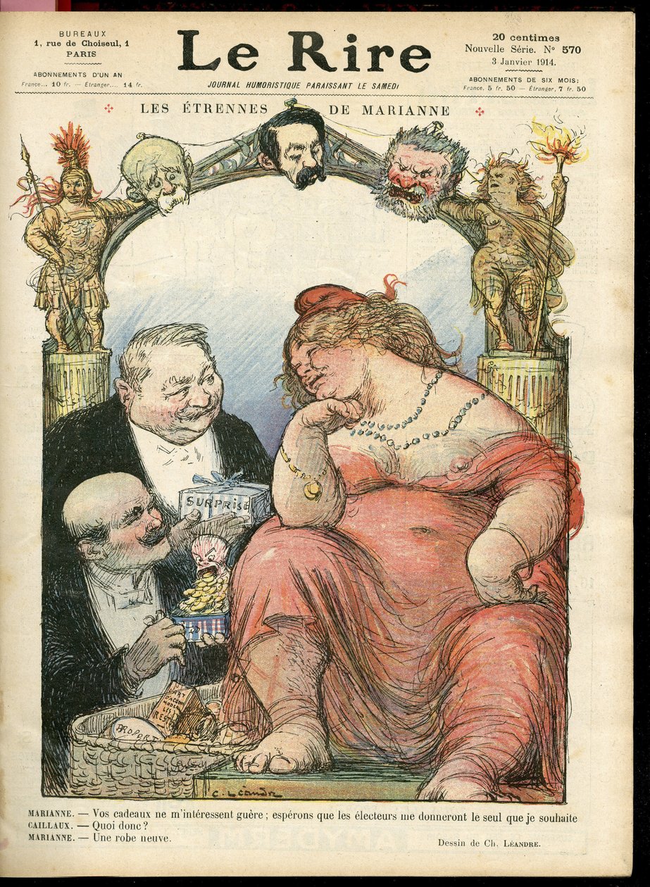 Charles Leandre (1862-1934) illusztrációja a Le Rire borítójára, 03/01/14 - Les strennes de Marianne - Tribun - Clemenceau George, Jaures Jean, Briand Aristide, Marianne, Caillaux Joseph (1863-1944) alkotó: Charles Leandre