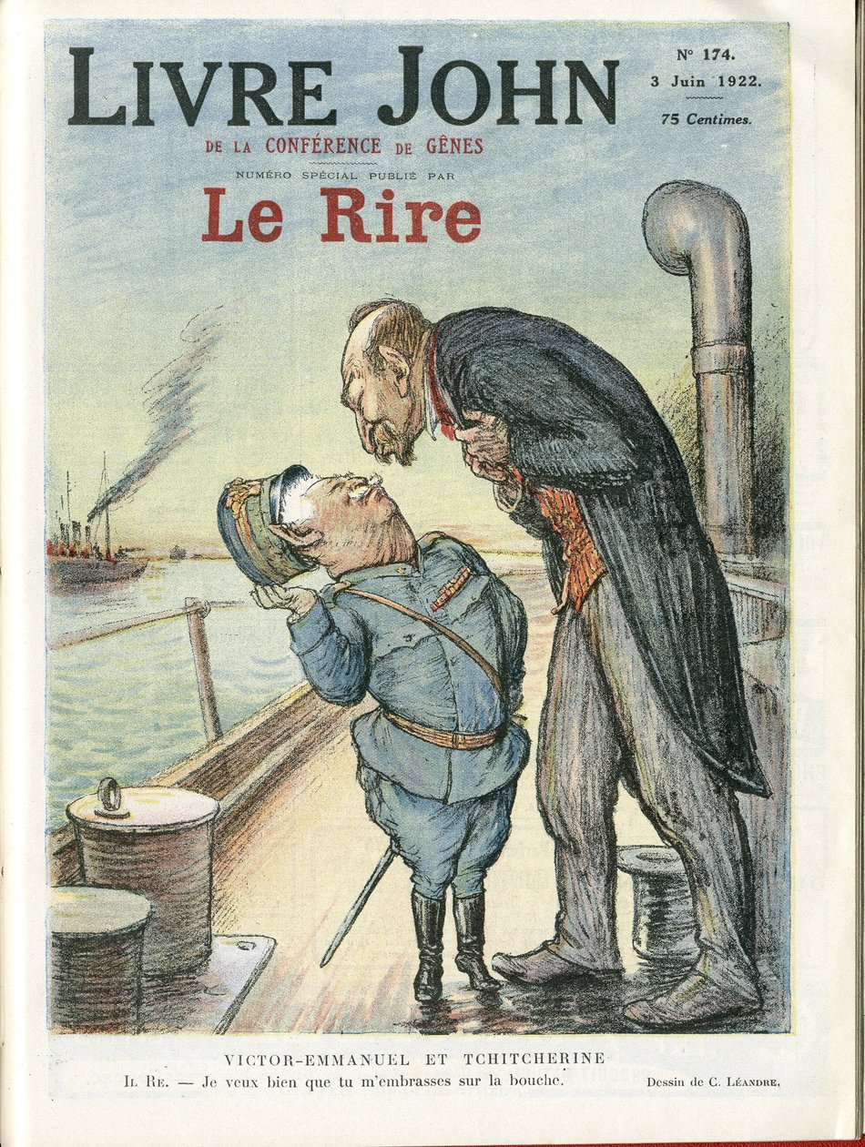 Charles Leandre (1862-1934) illusztrációja a Le Rire borítójára, 03.06.22 - Olaszország, Szovjetunió - Victor Emmanuel 1er, Gueorgui Titcherine (1872-1936) alkotó: Charles Leandre