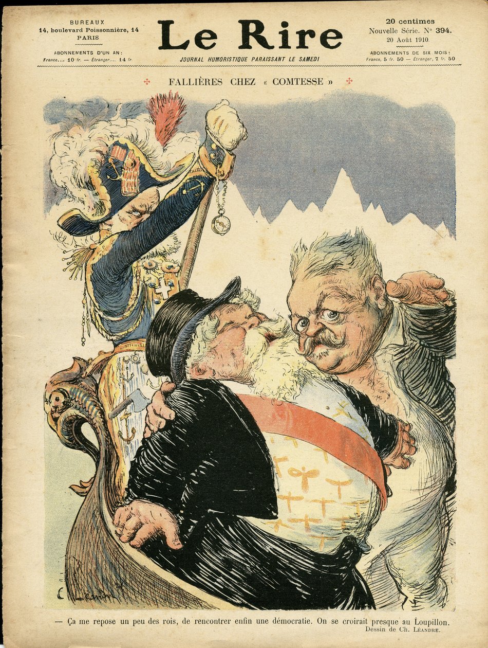 Charles Leandre (1862-1934) illusztrációja a Le Rire borítójára, 2010.08.20 - Fallieres a grófnőnél - Olaszország, köztársasági elnök, Chapeau, azonosító, Velence - Fallieres Armand (1841-1931) alkotó: Charles Leandre