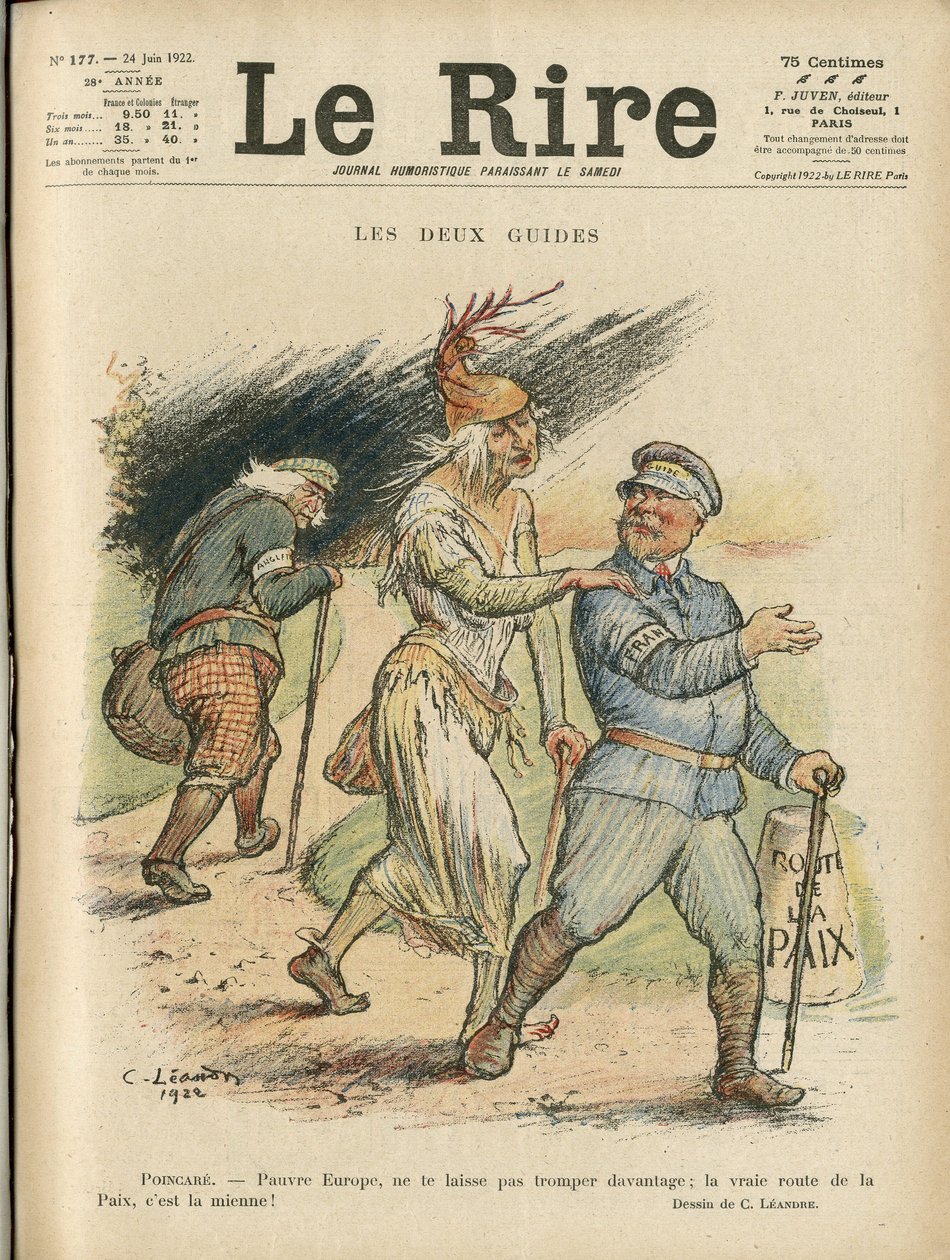Charles Leandre (1862-1934) illusztrációja a Le Rire borítójára, 22.06.24 - A két kalauz - Anglia, Nagy-Britannia, Európa, Köztársasági Elnök, Béke, Chapeau - Poinsare Raymond, David Lloyd George (1863- 1945) alkotó: Charles Leandre
