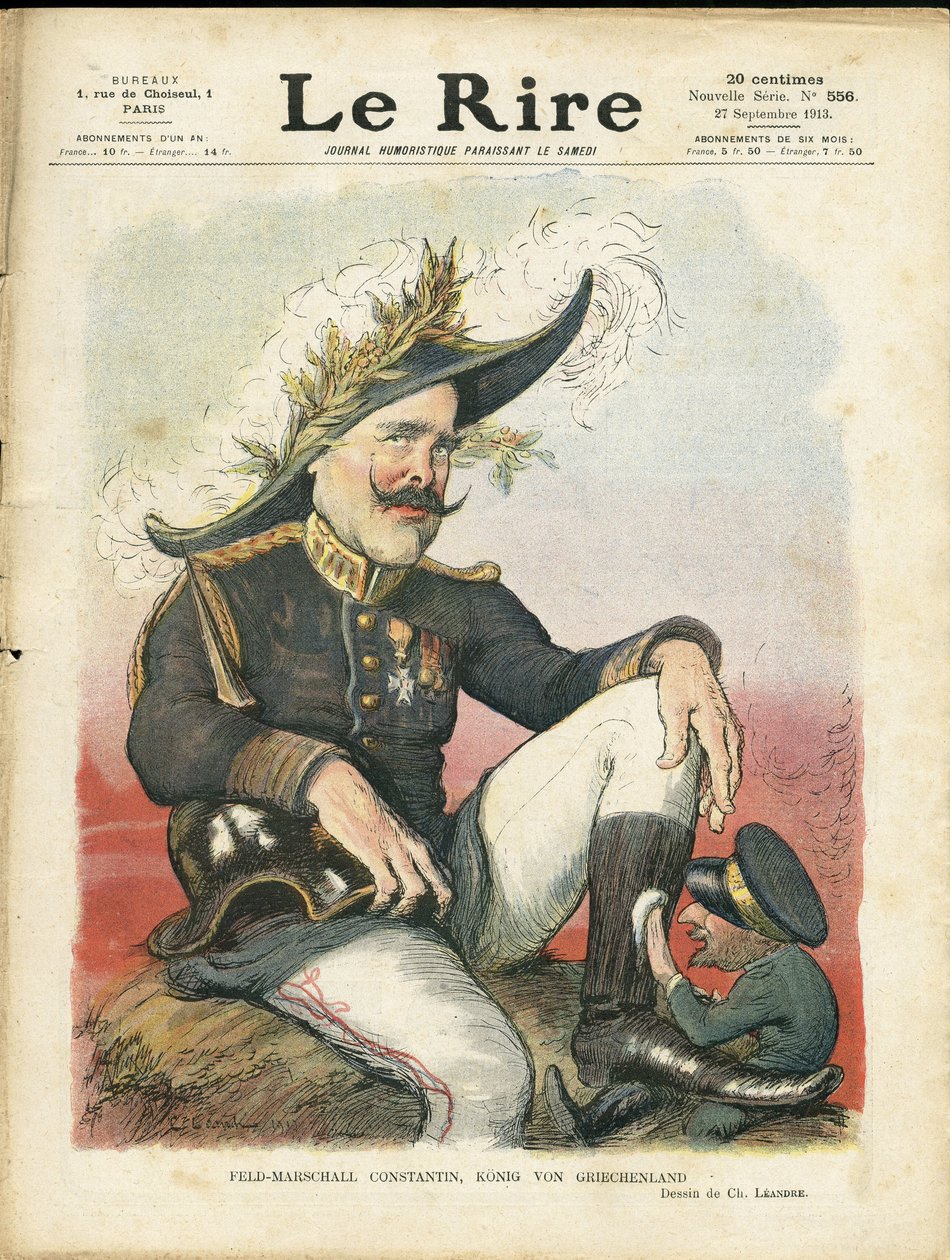 Charles Leandre (1862-1934) illusztrációja a Le Rire borítójára, 27/09/27 - Field-Marschall Constantine - Németország Poroszország, sisak Pointe-val, Armee, Görögország - Bulgária Ferdinánd (1816-1948), Konstantin Constantin 1. (1868-1923) - Cipőfény alkotó: Charles Leandre
