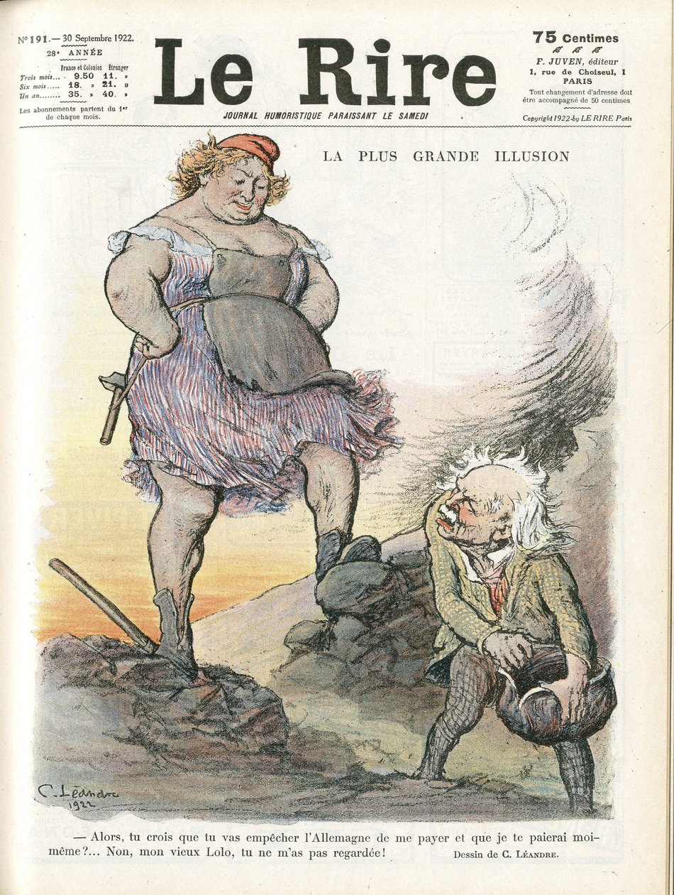 Charles Leandre (1862-1934) illusztrációja a Le Rire borítójára, 09.30.22 - A legnagyobb illúzió - Németország Poroszország, Anglia Nagy-Britannia, Jóvátétel - Marianne, David Lloyd George (1863-1945) - Trivialite alkotó: Charles Leandre
