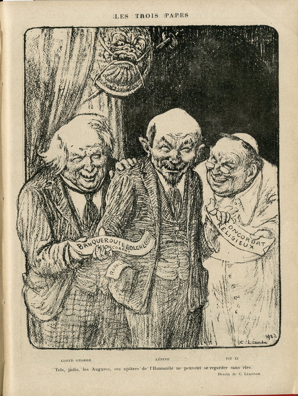 Illusztráció Charles Leandre-ről (1862-1934) a Le Rire-ben, 03.06.22 - A három pápa - Anglia, Nagy-Britannia, U.S.R., Igazoló dátumok, Reichstag - Lenine, Lloyd George, XI. Pius alkotó: Charles Leandre