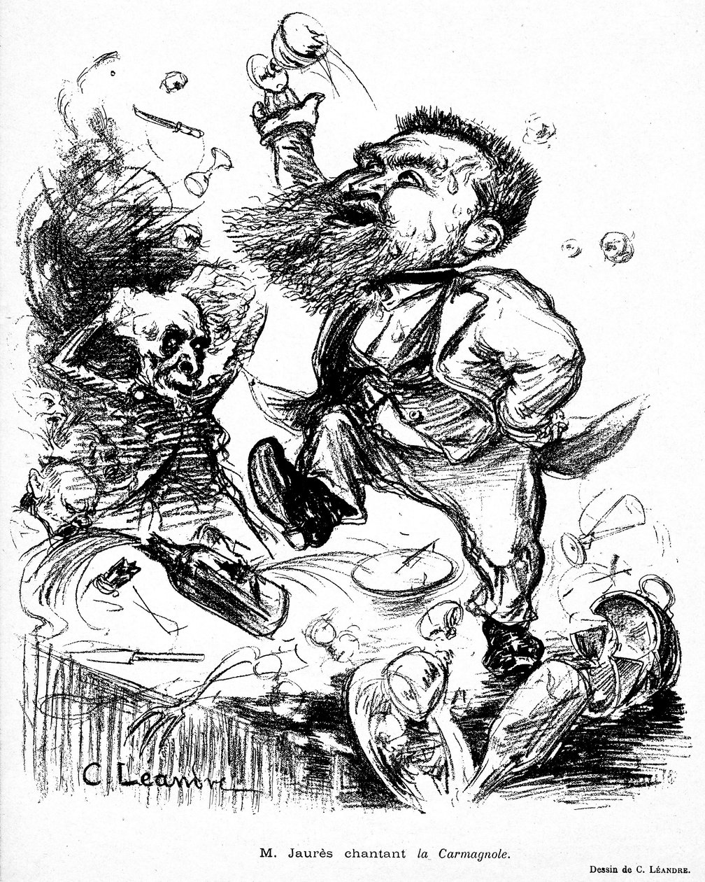 Jean Jaures Carmagnole-t táncol és énekel egy bankettasztalon (feltehetően részeg) kép a Le Rire 105. számában november 7-én alkotó: Charles Leandre