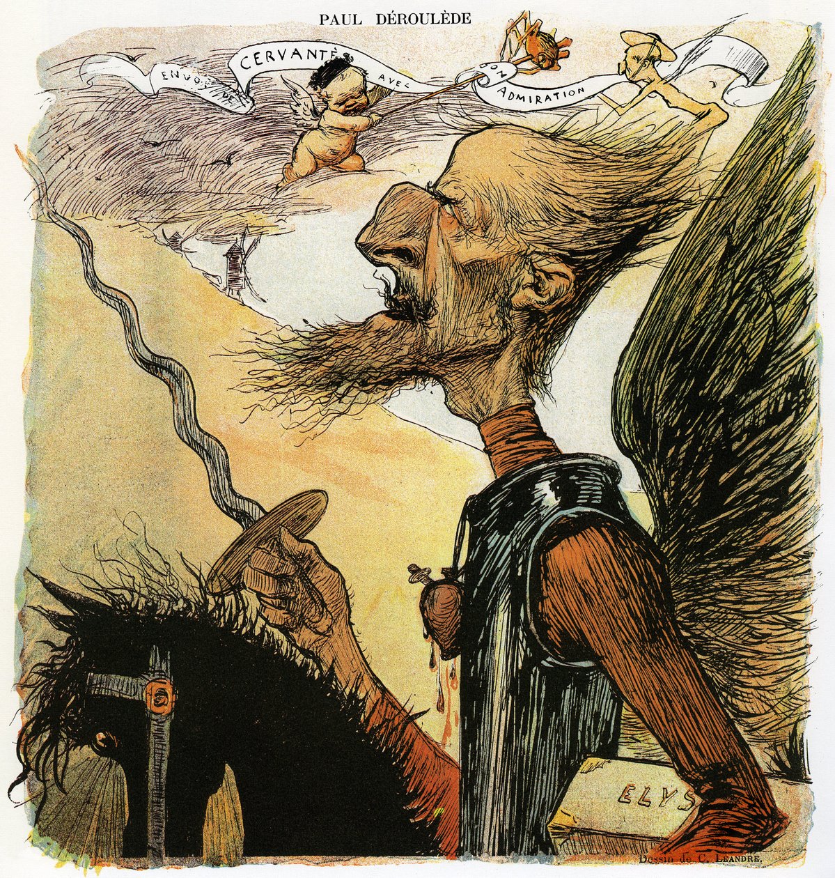 Paul Deroulede (1846-1914), francia író és nacionalista aktivista, az antidreyfusizmus fontos szereplője, Charles Leandre karikatúrája Don Quijote lovagként: a szélmalmok ellen harcolni indul, hóna alatt „Elysee” feliratú bőröndöt cipel”” Drawi alkotó: Charles Leandre