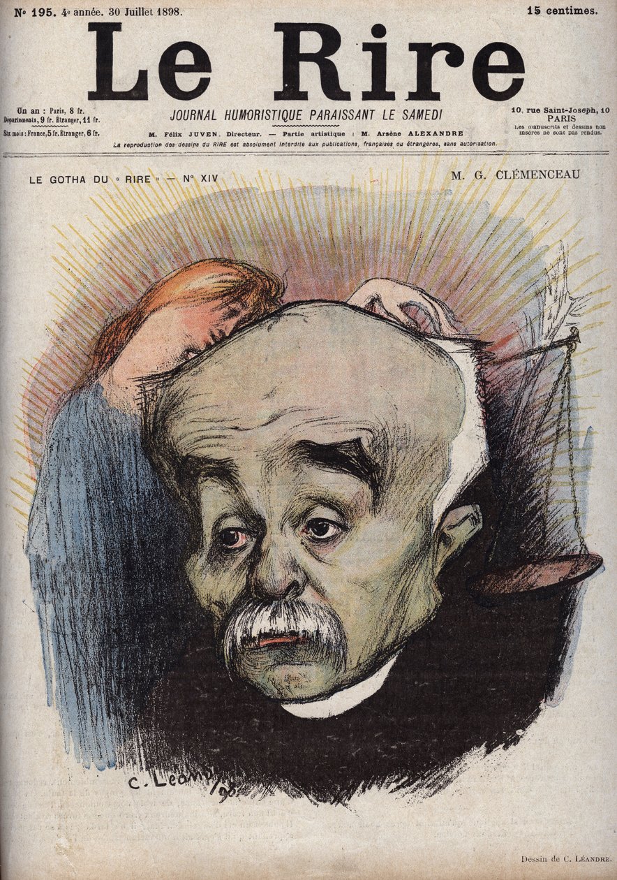 Georges Clemenceau (1841-1929) portréja – a mérleg a La Justice című újságra vonatkozik”” és annak igazgatójára, Cornelius Herzre, aki pénzt kapott Clemenceau-tól – Charles Leandre (1862-1934) karikatúrája a „Le Rire”-ben” július 30-án alkotó: Charles Leandre