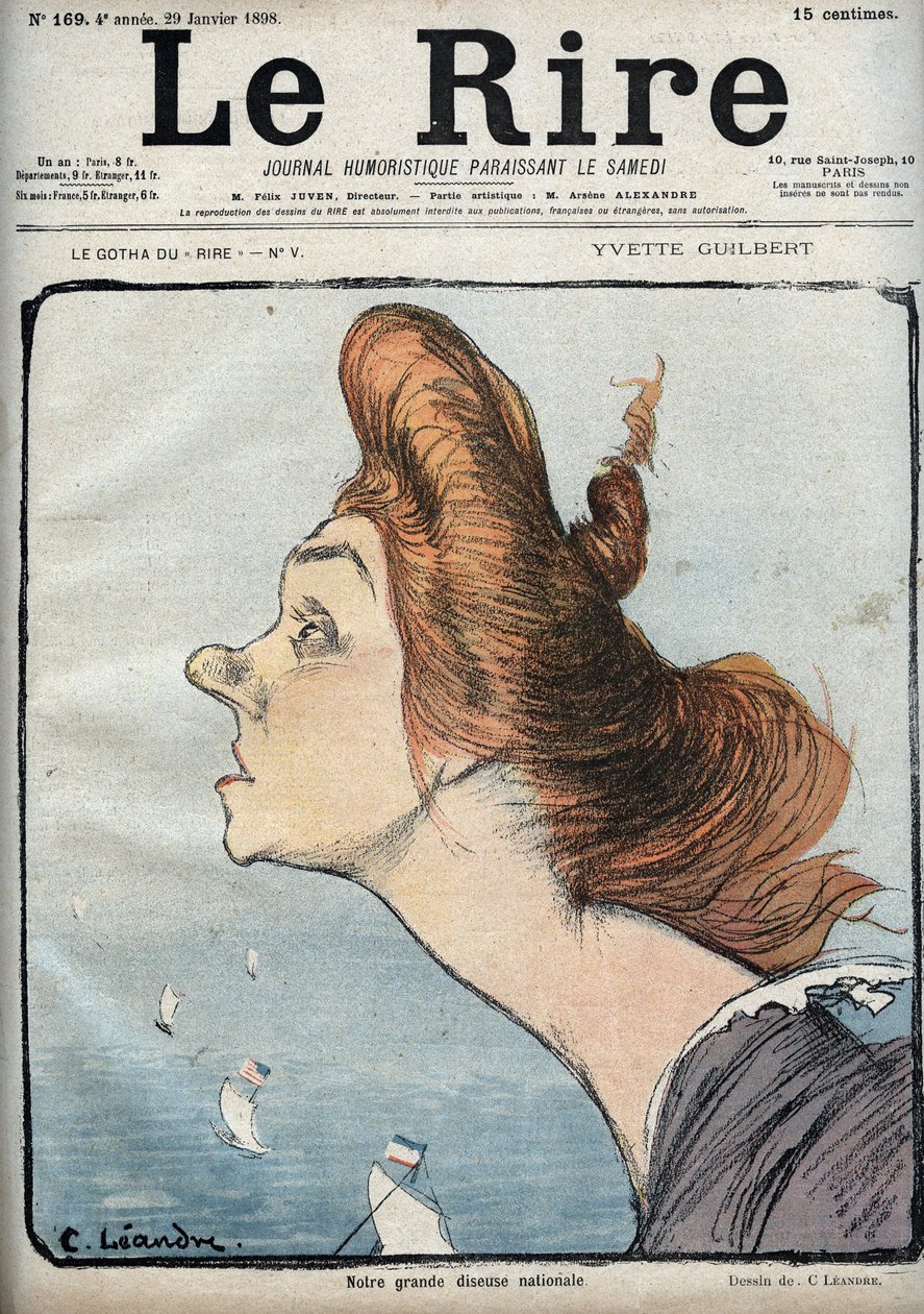 Yvette Guilbert (1865-1944) énekesnő portréja – Charles Leandre (1862-1934) rajzfilmje a január 29-i „Le Rire”-ben alkotó: Charles Leandre