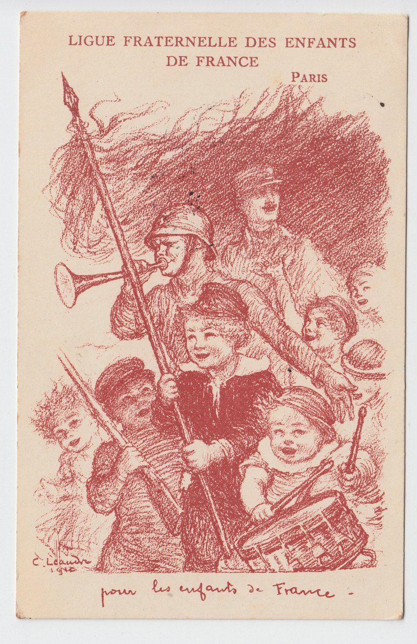 Képeslap, Színes szatirikus: Franciaország Gyermekeinek Testvéri Ligája – 14-18-as háború, Gyermekkor, Hazafias Napok Illusztráció: Charles Leandre (1862-1934) alkotó: Charles Leandre