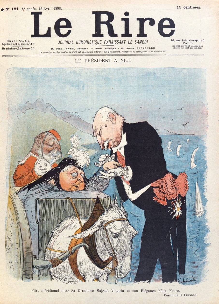 Viktória királynő (1819-1901) flörtöl Felix Faure (1841-99) elnökkel nizzai nyaralása közben, a „Le Rire” magazin címlapja, 1898. április 23. alkotó: Charles Leandre