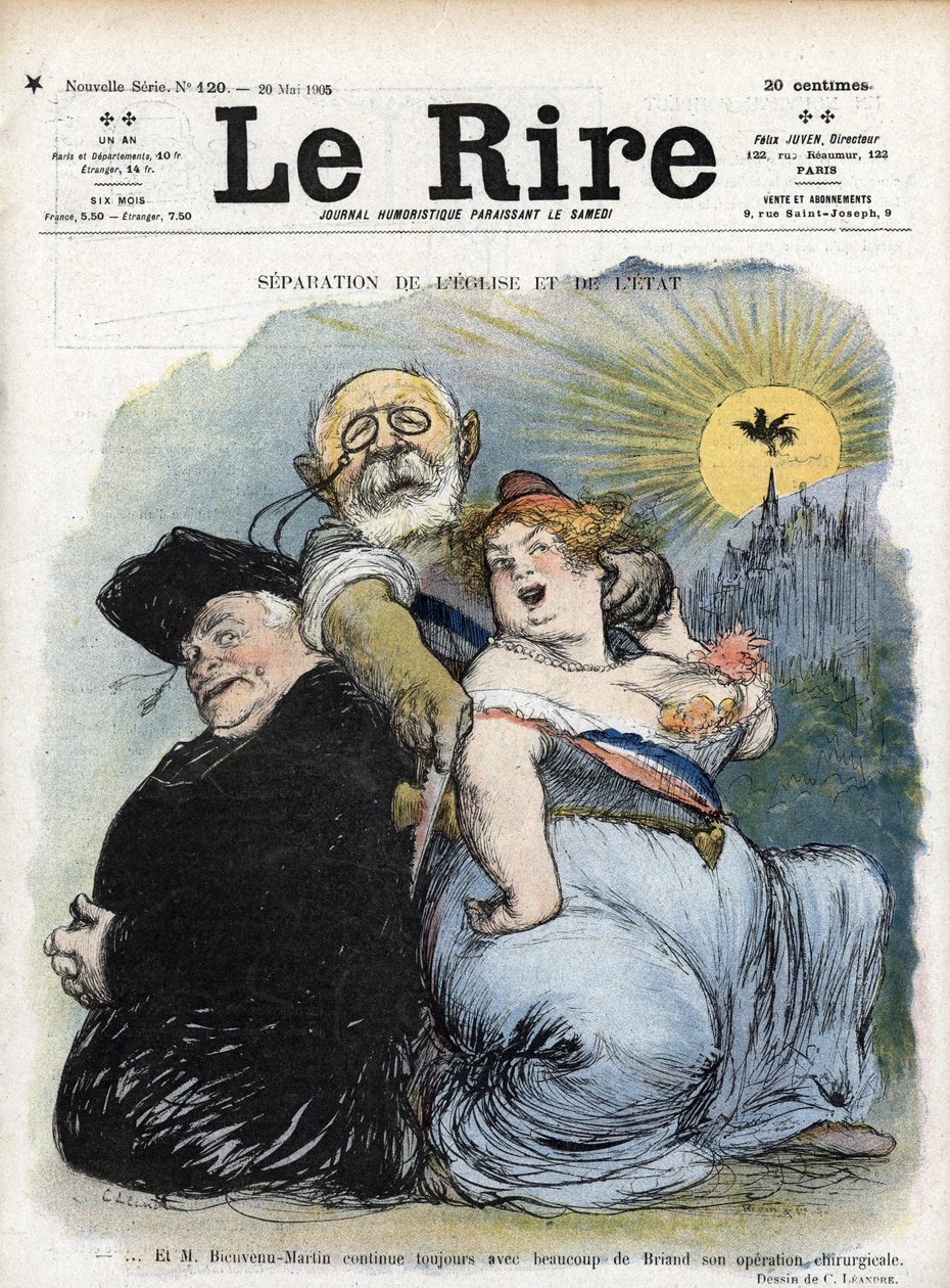 Elkülönülés az egyháztól és az államtól: „” a francia politikus, Jean-Bienvenu Martin (Bienvenu-Martin) (1847-1943), közoktatási, képzőművészeti és istentiszteleti miniszter, aki kétségbeesetten törekszik az egyház szétválasztására, mint Franciaország papj alkotó: Charles Leandre