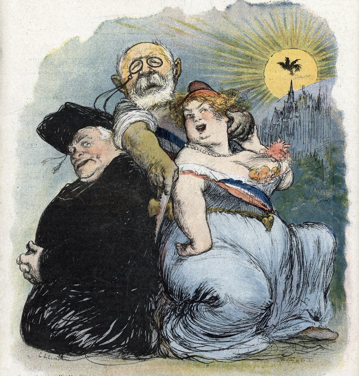 Elkülönülés az egyháztól és az államtól: „” a francia politikus, Jean-Bienvenu Martin (Bienvenu-Martin) (1847-1943), közoktatási, képzőművészeti és istentiszteleti miniszter, aki kétségbeesetten törekszik az egyház szétválasztására, mint Franciaország papj alkotó: Charles Leandre