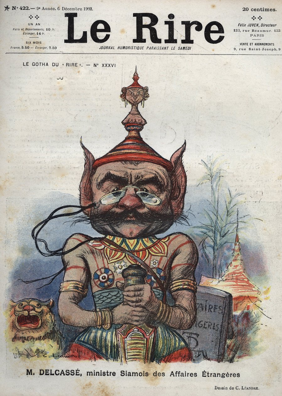 Theophile Delcasse (1852-1923), francia politikus – Le Gotha du „” Laughs”, XXXVI. szám, M. Delcasse, sziámi külügyminiszter – Charles Leandre rajzfilmje – (1902. december 6.) alkotó: Charles Leandre