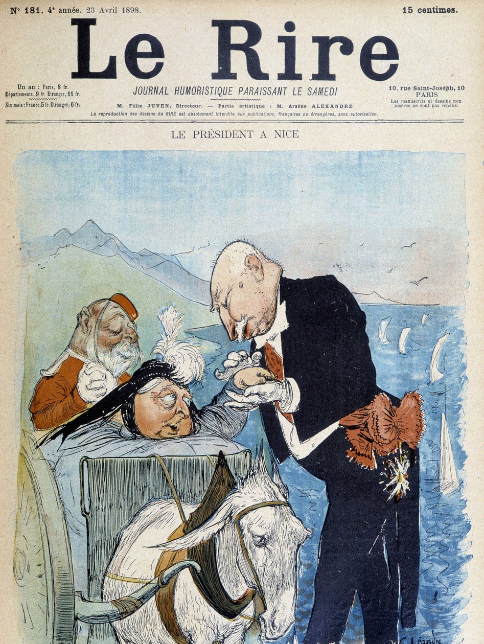 Victoria és Félix Faure Nizzában – Léandre, a „Le Rire” című filmben, 1898.04.23. alkotó: Charles Leandre