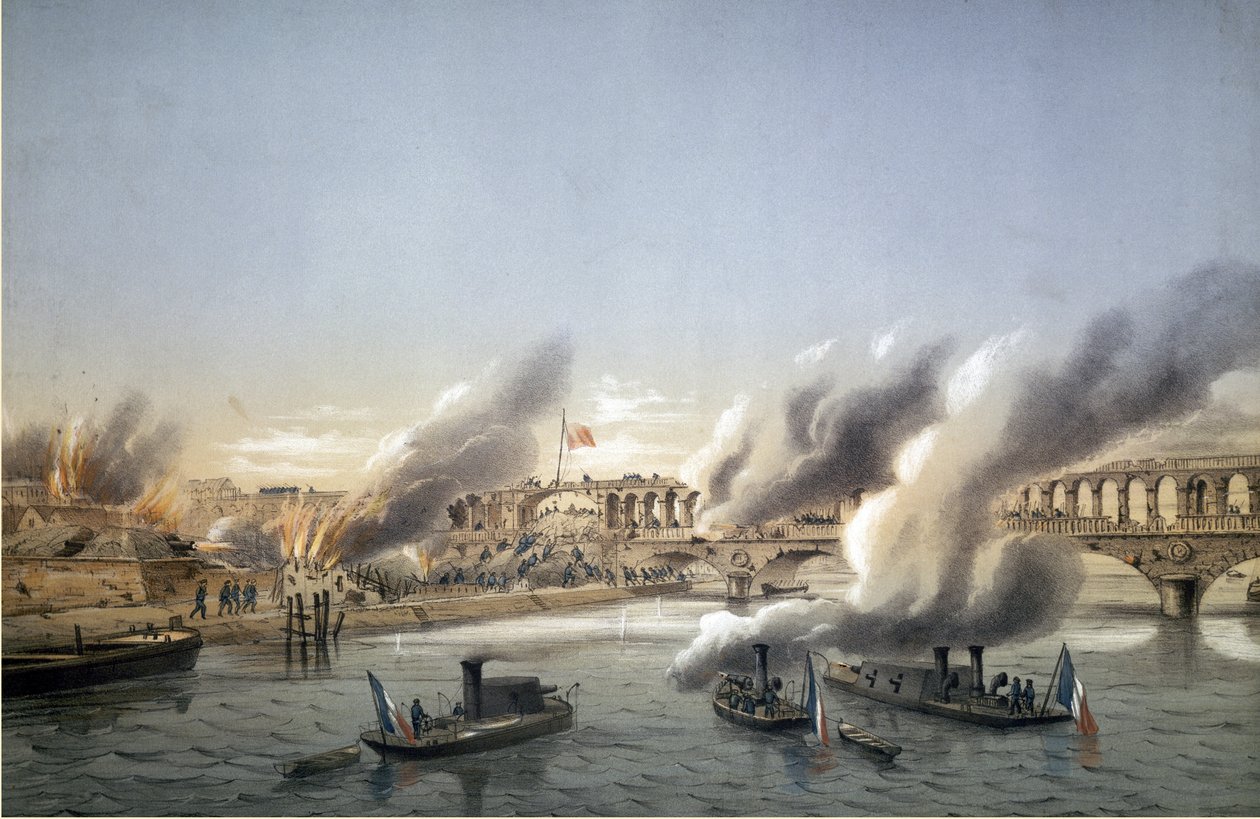 Párizs kommunája, Véres hét. „””” A La Flotille de la Seine kényszerítette Párizs bejáratát a Barricade du Point du Jour-ba 1871. május 21-én – Metszett: Charles Leduc (1831-1911) alkotó: Charles Leduc