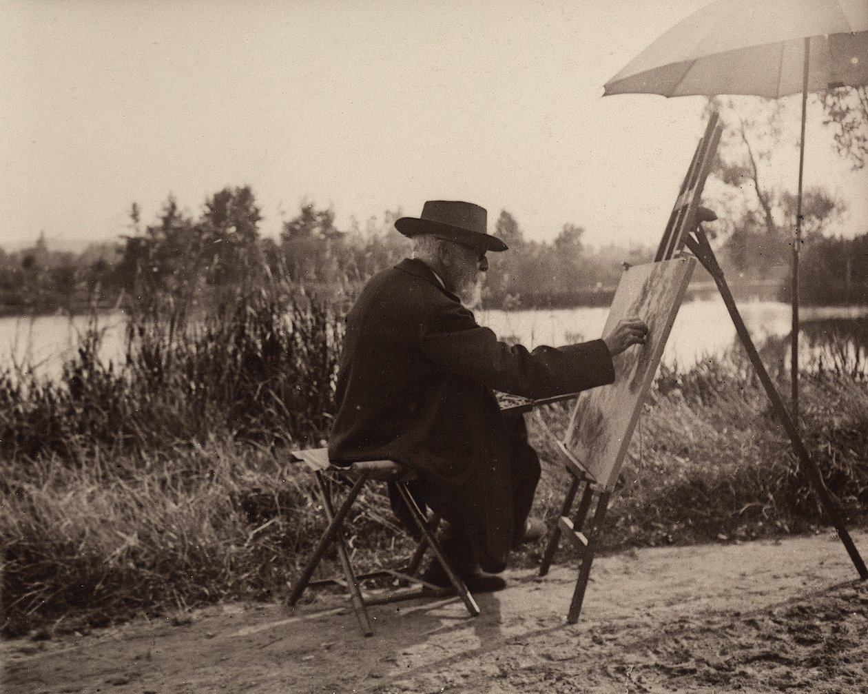 A festő, Lhermitte Léon (1844-1925), miközben a Marne-i parton dolgozott, nem messze ingatlanától, 1914-1915 körül, Franciaországban alkotó: Charles Lhermitte