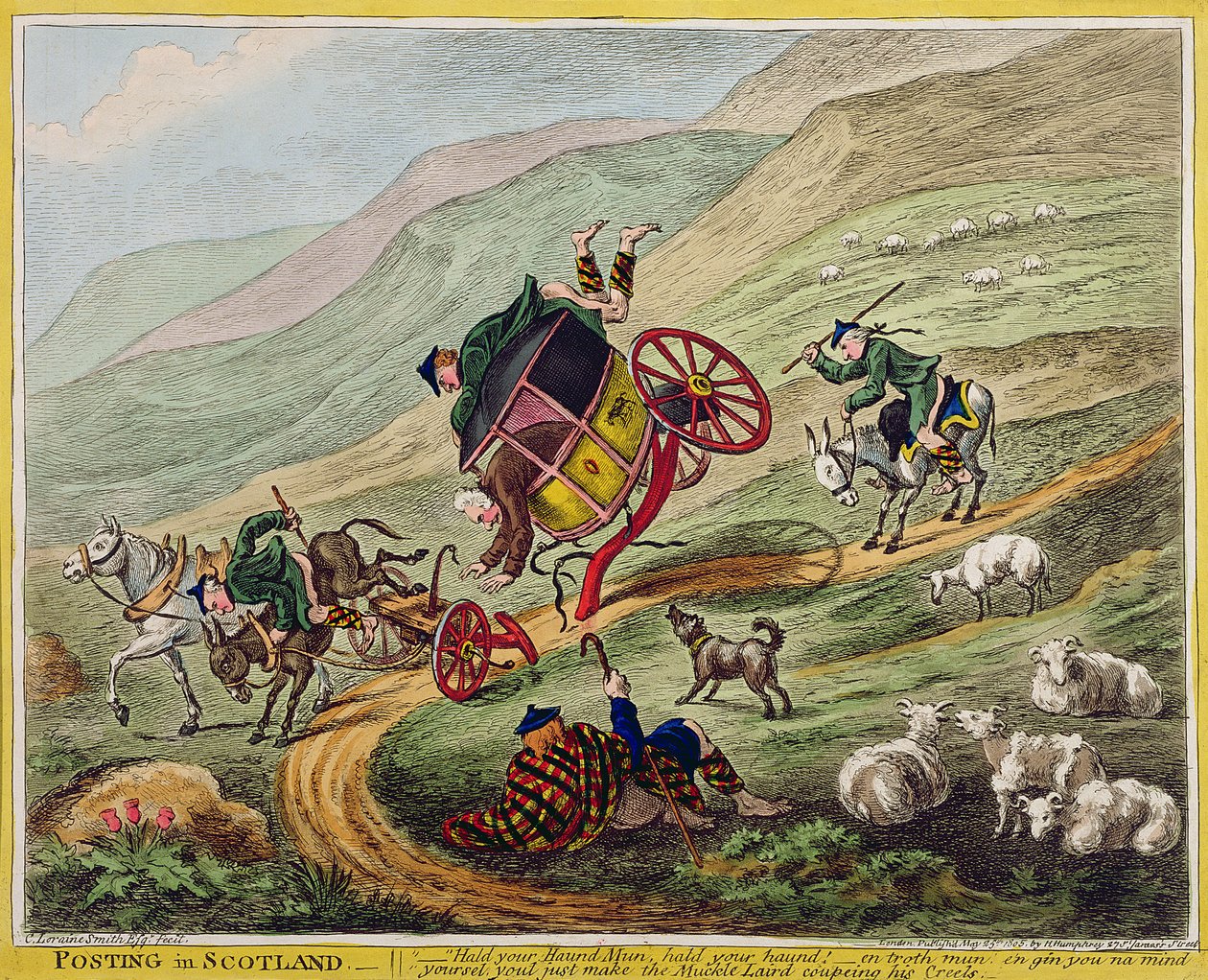Feladás Skóciában, kiadó: Hannah Humphrey, 1805 (kézzel színezett rézkarc) alkotó: Charles Lorraine Smith