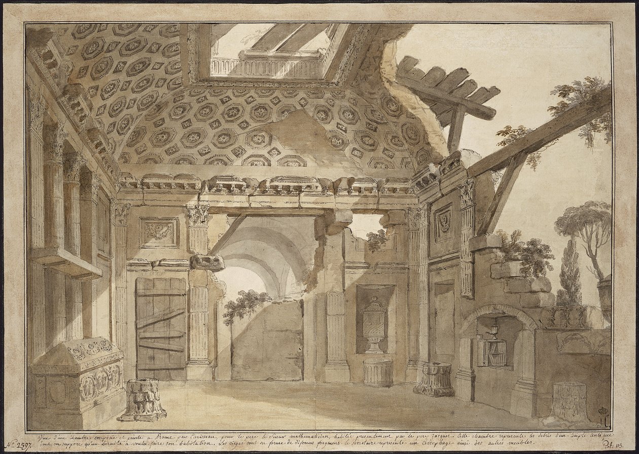 Tervezés a festményekhez Lesueur atya cellájában a római Santissima Trinita dei Monti kolostorban – Charles Louis Clerisseau (1722-1820). Toll, ecset, szürke és barna tinta, fehér színű papíron, kb 1760. Mérete: 36,9x53 cm. Állami Ermitázs, alkotó: Charles Louis Clerisseau