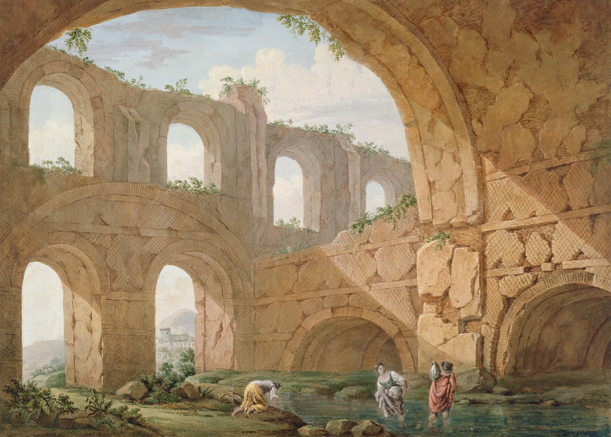 Hadrianus Villa, Tivoli közelében (toll és gouache papíron) alkotó: Charles Louis Clerisseau