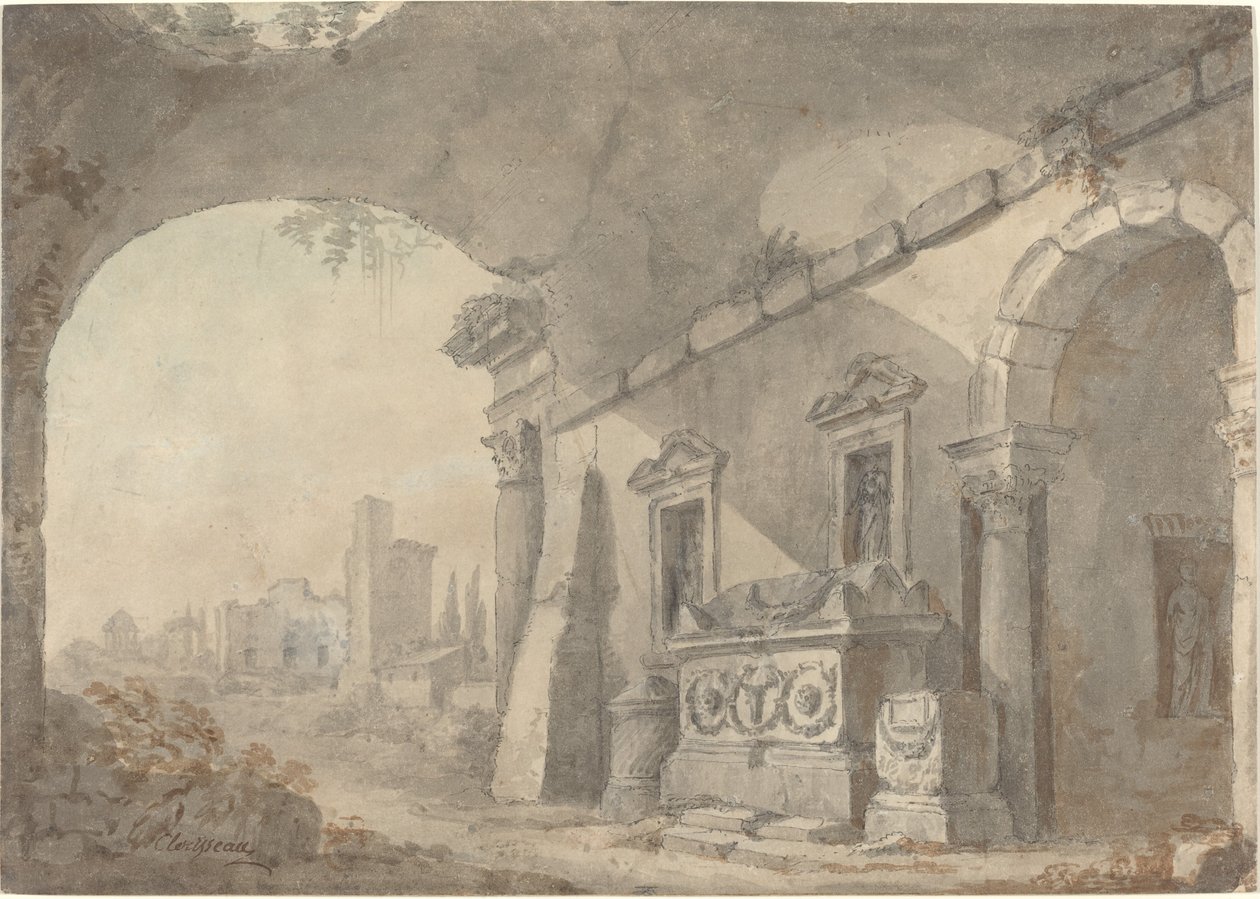 Római romok sírral alkotó: Charles Louis Clerisseau