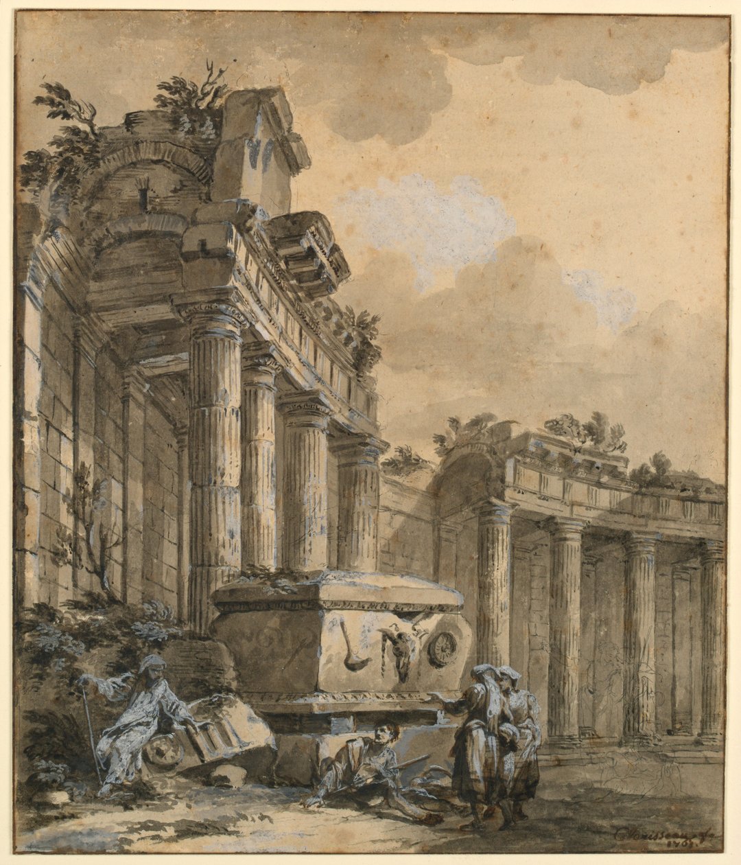 Rajz, Figurák egy romos oszlopcsarnok mellett, 1761 alkotó: Charles Louis Clerisseau