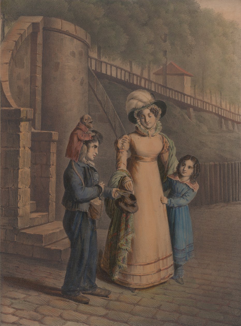 Fiú majommal a vállán, aki érméket kapott anyától és lányától, 1803-40. alkotó: Charles Louis Constans