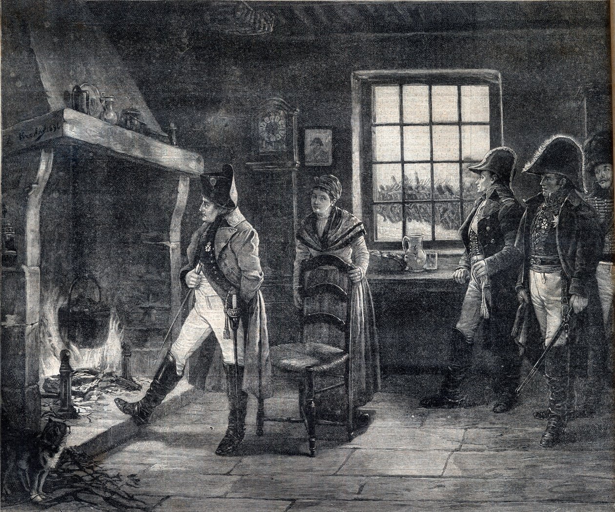 I. Napóleon császár fatűz mellett fűti magát a havas tájon - Napóleon az 1814-es waterlooi csata után - Gratke Károly (Charles-Louis) Kratke (1848-1921) festménye utáni metszet alkotó: Charles Louis Kratke