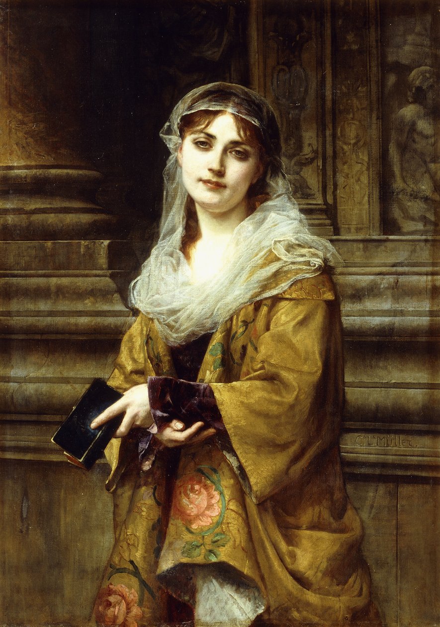 Egy fiatal nő a templomon kívül, alkotó: Charles Louis Lucien Muller
