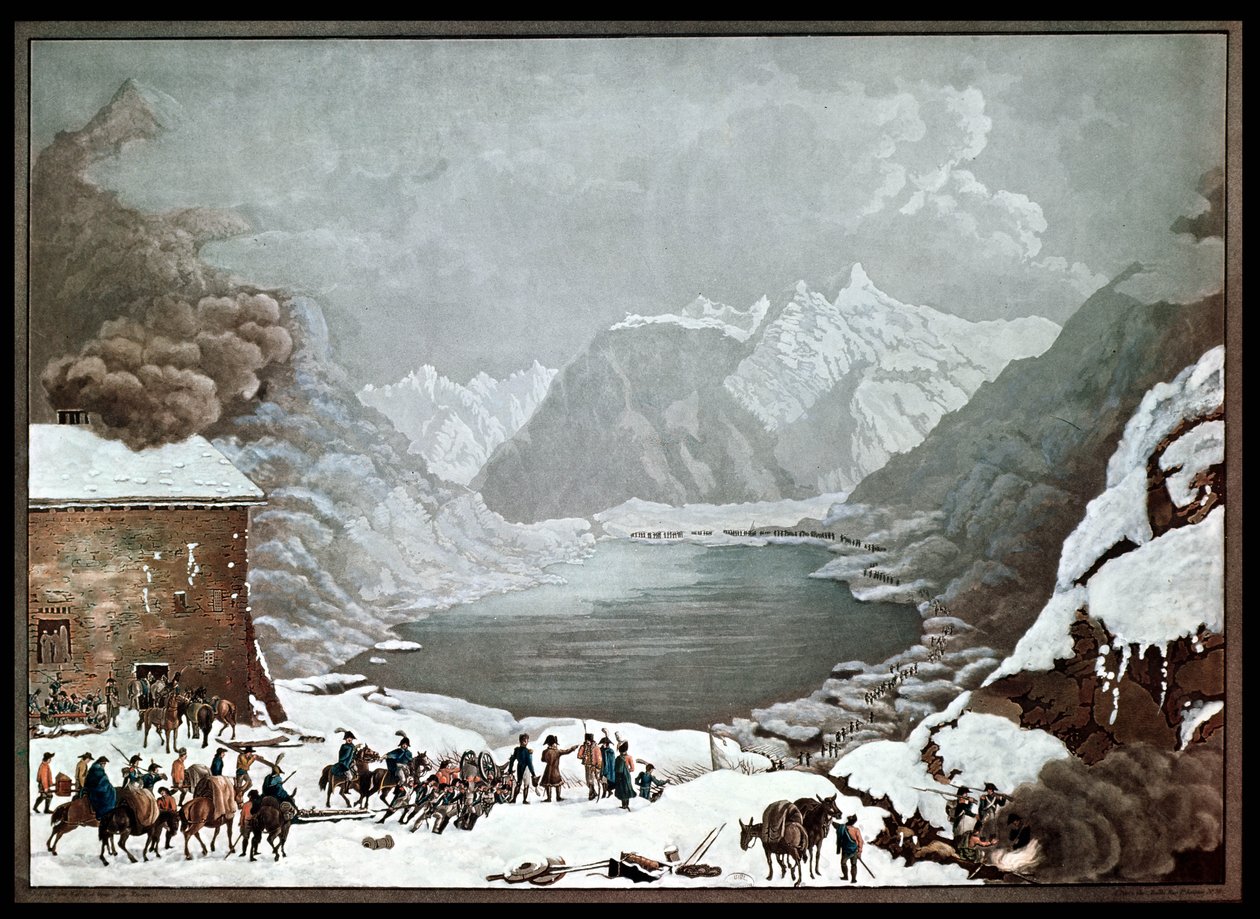 Bonaparte Napóleon (1769-1821) a St. Bernard Pass Hospice-ban, 1800. május 20., Merou metszete (akvatinta) alkotó: Charles Louis Lucien Muller