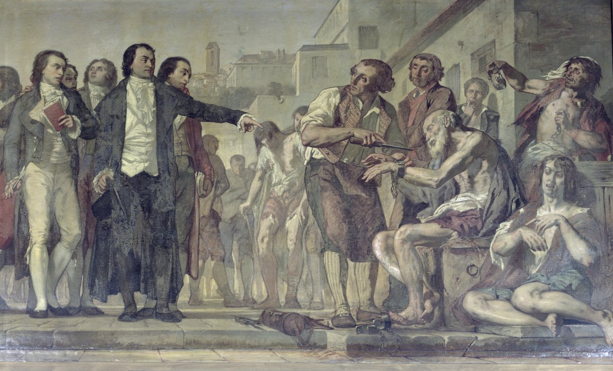 Philippe Pinel 1745-1826, 1793-ban, a párizsi Bicetre menedékházban szabadította ki az őrülteket láncaikból, 1840-50 körül olaj, vászon 163956 részlet alkotó: Charles Louis Lucien Muller