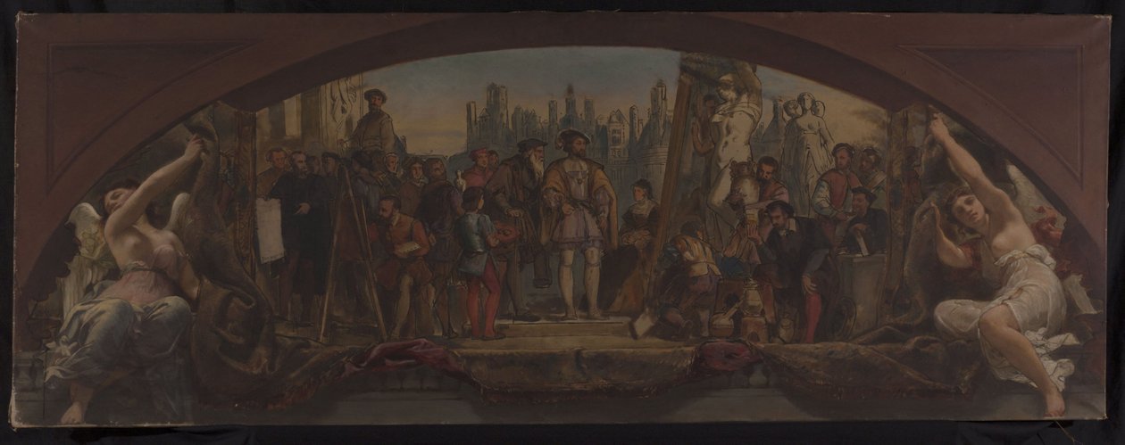 A Louvre Denon pavilonjának vázlata: Les quatre âges de la vie artistique en France - A fontainebleau-i kastély terveinek bemutatása I. Ferencnek, 1864 körül (olaj, vászon). alkotó: Charles Louis Lucien Muller