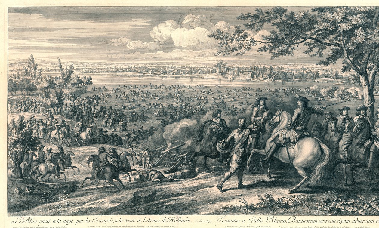 De Franse legers steken bij Lobith de Rijn over, 1672 A Rajna a franciák által úszott, a holland hadsereg láttán (cím a tárgyon) alkotó: Charles Louis Simonneau