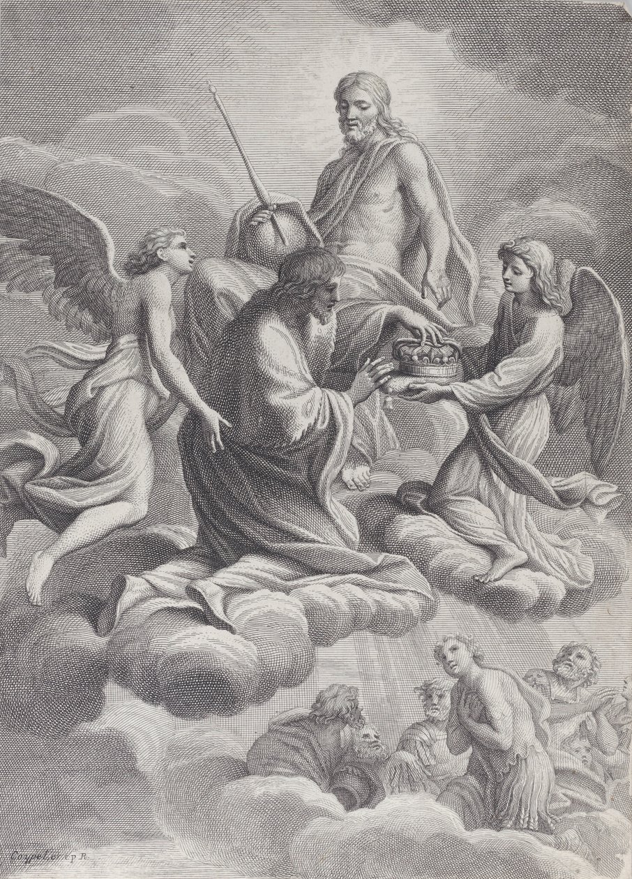 Franciaország Szent Lajost a mennybe fogadta Krisztus és két angyal, akik felajánlják neki a c..., 1671-80. alkotó: Charles Louis Simonneau