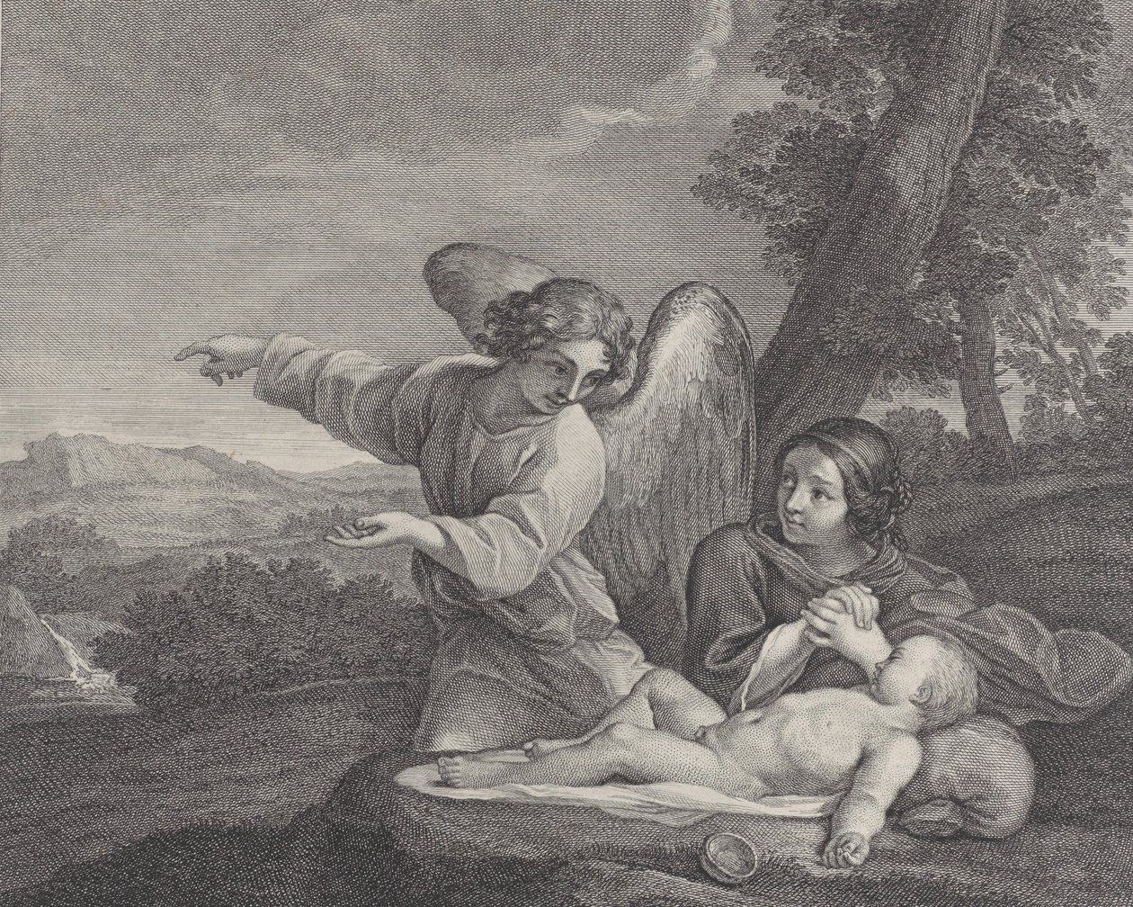 Az angyal megjelenik Hágárnak a vadonban, amint kezét összekulcsolja az álom mellett..., 1700-28. alkotó: Charles Louis Simonneau