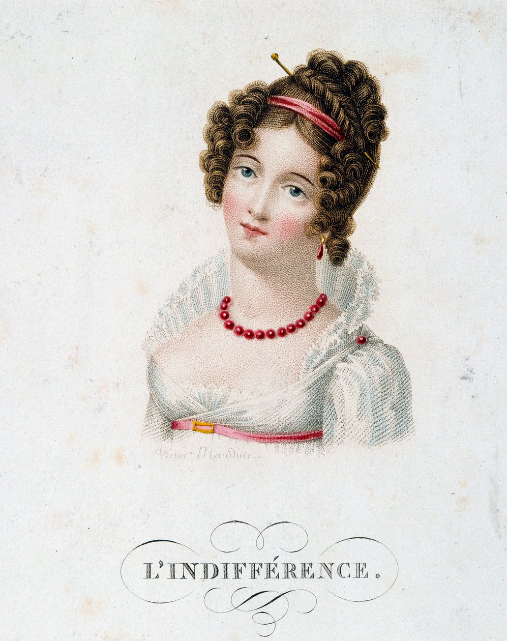 A közöny Egy fiatal nő divatba öltözött First Empire. Victor Mauduit (1788-?) litográfiája 19. századi Párizs, díszítőművészet alkotó: Charles Louis Victor Mauduit