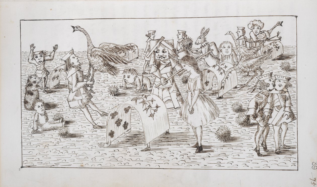 Alice és a Vörös Királynő krokettet játszanak, illusztráció az Alice Csodaországban IV. fejezetéből (toll és tinta papíron) alkotó: Charles Lutwidge Dodgson