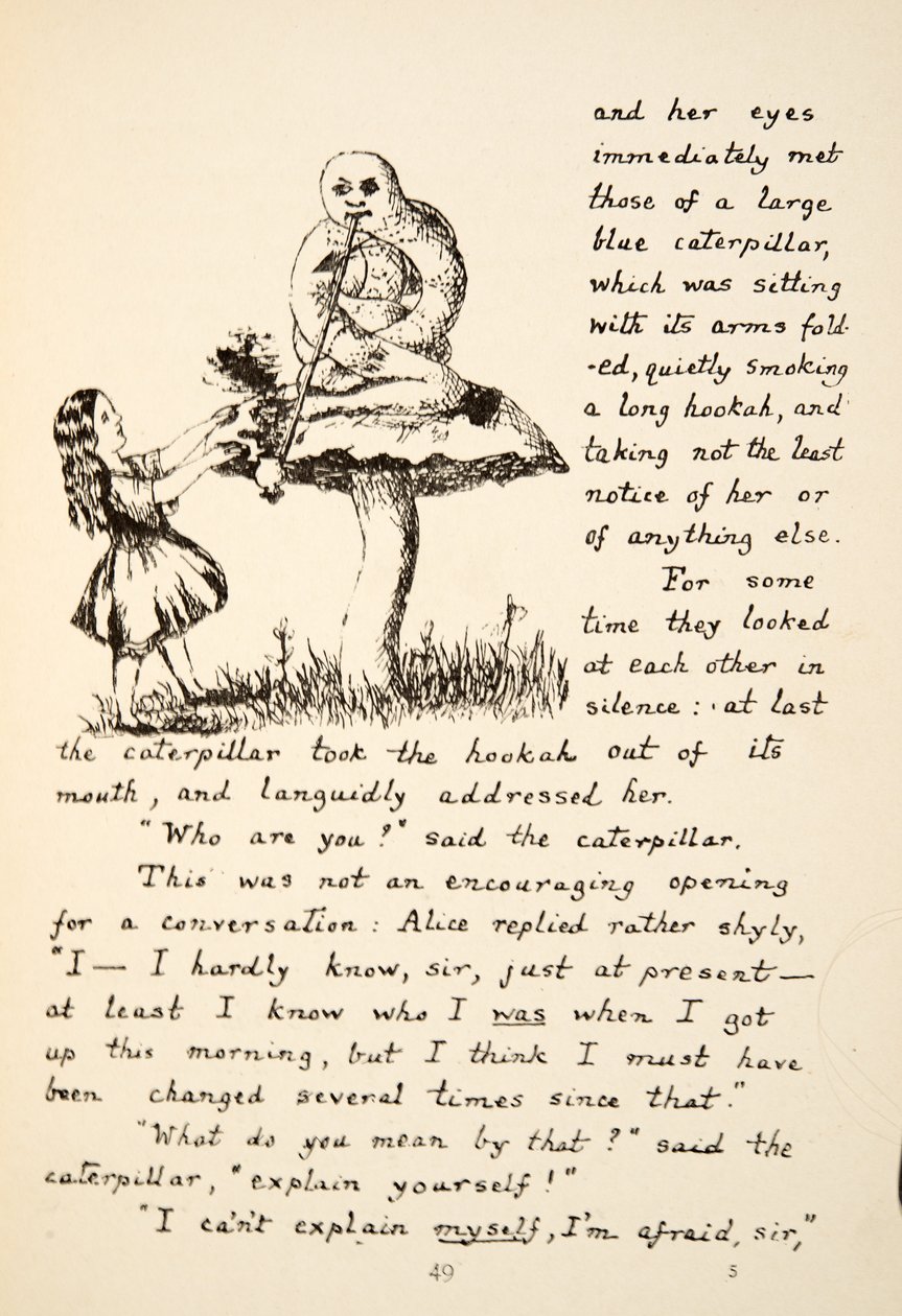 Alice tanácsot kap a Kék Hernyótól, illusztrációt az Alices Adventures Under Ground, kocsma. 1886 (fax) alkotó: Charles Lutwidge Dodgson