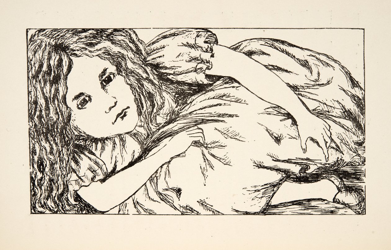 Alice a fehér nyulak házában, illusztráció az Alices Adventures Under Ground című könyvből, pub. 1886 (fakszimile) alkotó: Charles Lutwidge Dodgson